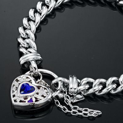 925 Sterling Silver Plated Euro Chain Bracelet with a Dark Blue Filigree Locket - USA Made-2